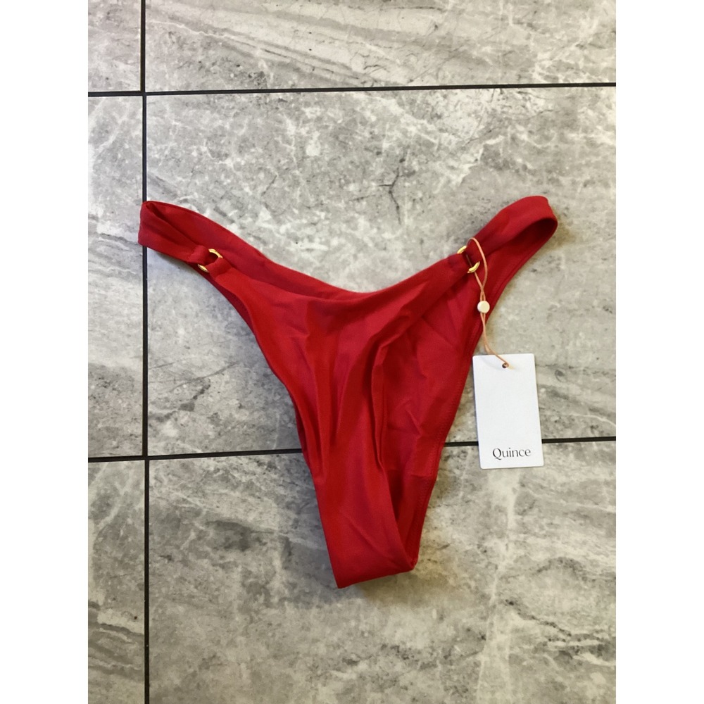 Quince Red High Leg Bikini Bottom with Gold Ring Detail Size S NWT